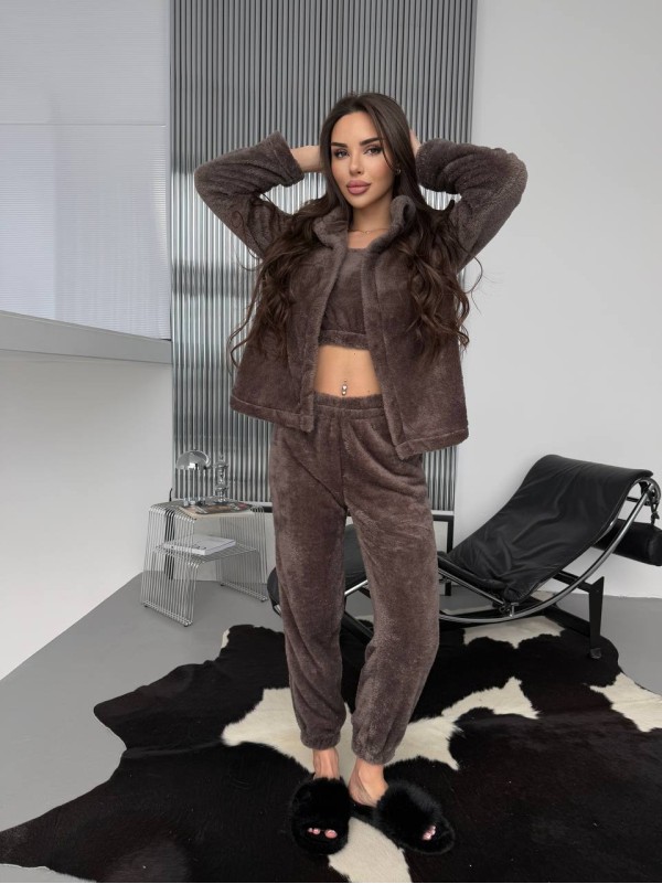 Жіночий домашній махровий костюм 3-ка коричневого кольору  35771
