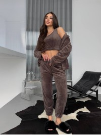 Жіночий домашній махровий костюм 3-ка коричневого кольору  35771