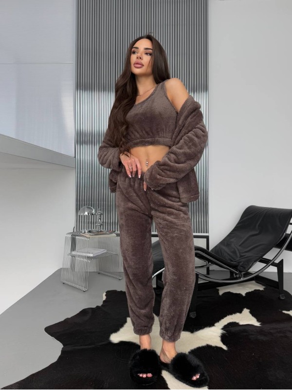 Жіночий домашній махровий костюм 3-ка коричневого кольору  35771