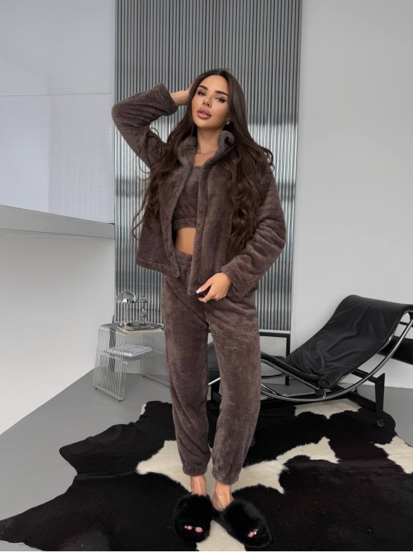 Жіночий домашній махровий костюм 3-ка коричневого кольору  35771