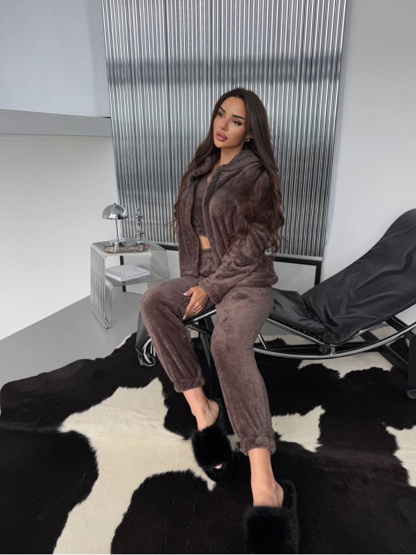 Жіночий домашній махровий костюм 3-ка коричневого кольору  35771