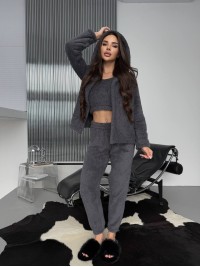 Жіночий домашній махровий костюм 3-ка графiтового кольору  35772