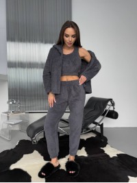 Жіночий домашній махровий костюм 3-ка графiтового кольору  35772