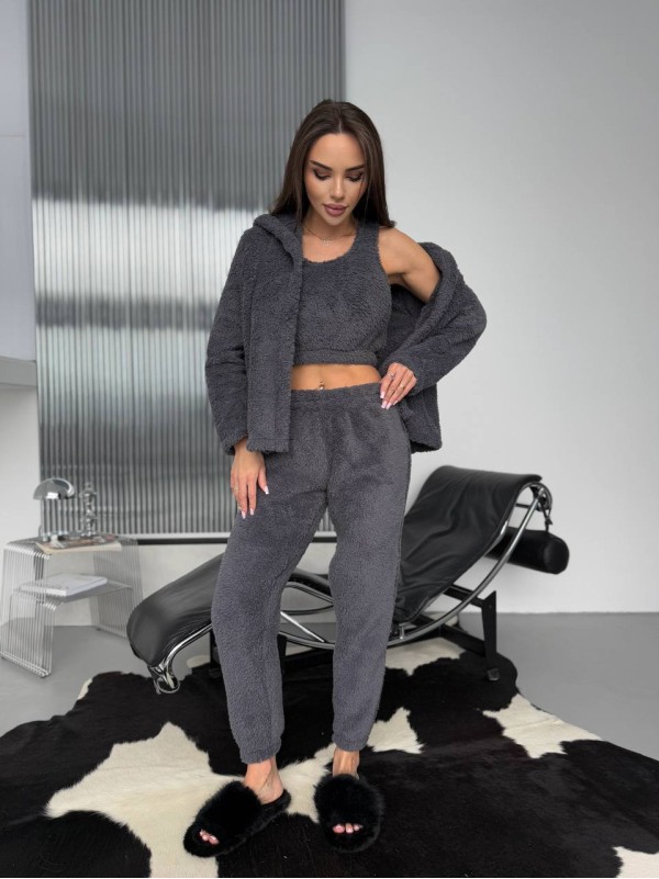 Жіночий домашній махровий костюм 3-ка графiтового кольору  35772
