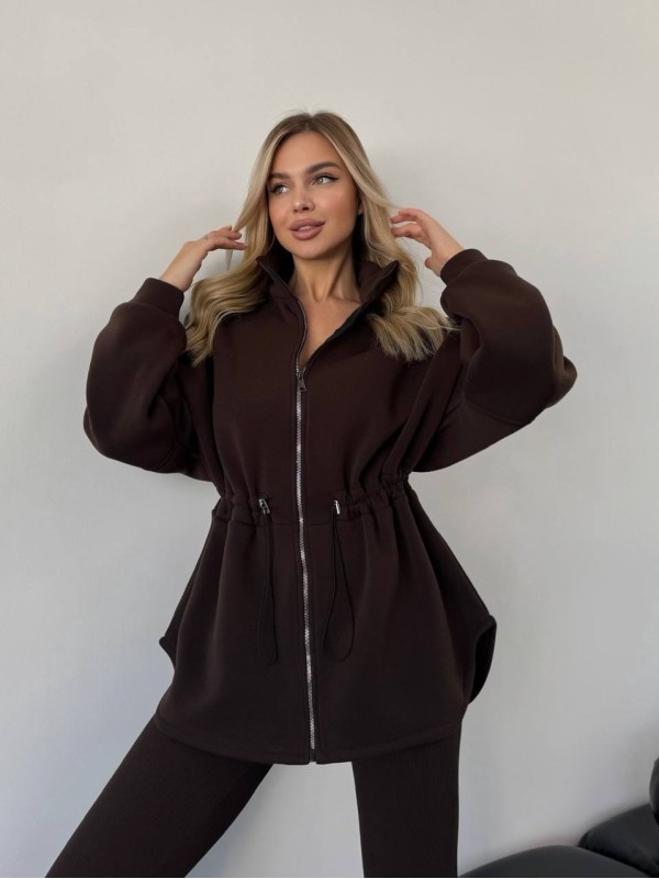 Жіноча тепла кофта на блискавці коричневого кольору 35792