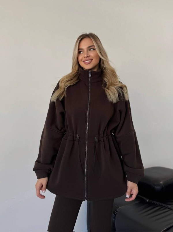 Жіноча тепла кофта на блискавці коричневого кольору 35792
