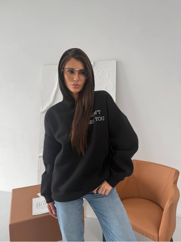 Жіноче тепле худі з малюнком чорного кольору 35795