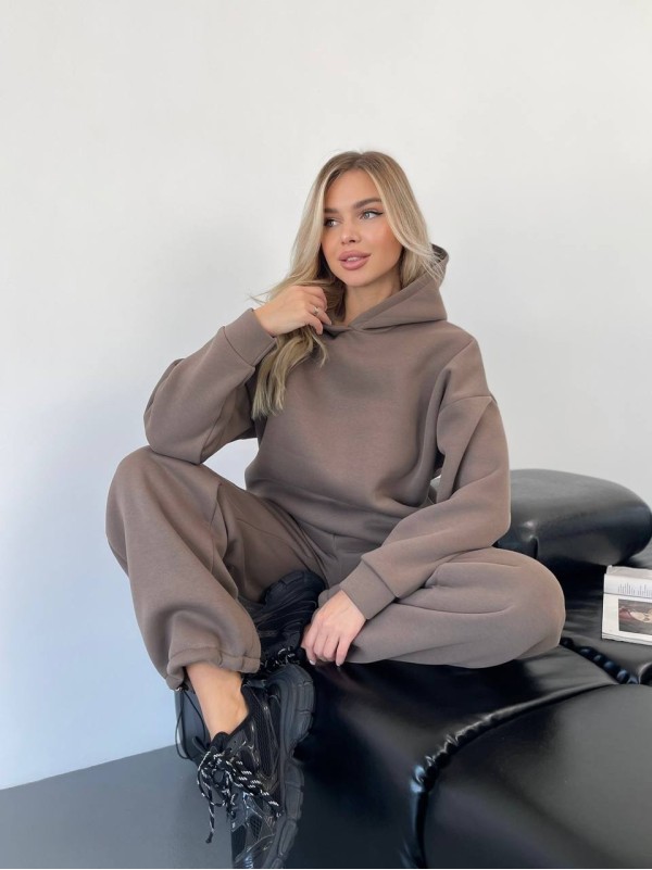 Теплий жiночий костюм з капюшоном кавового кольору 35812