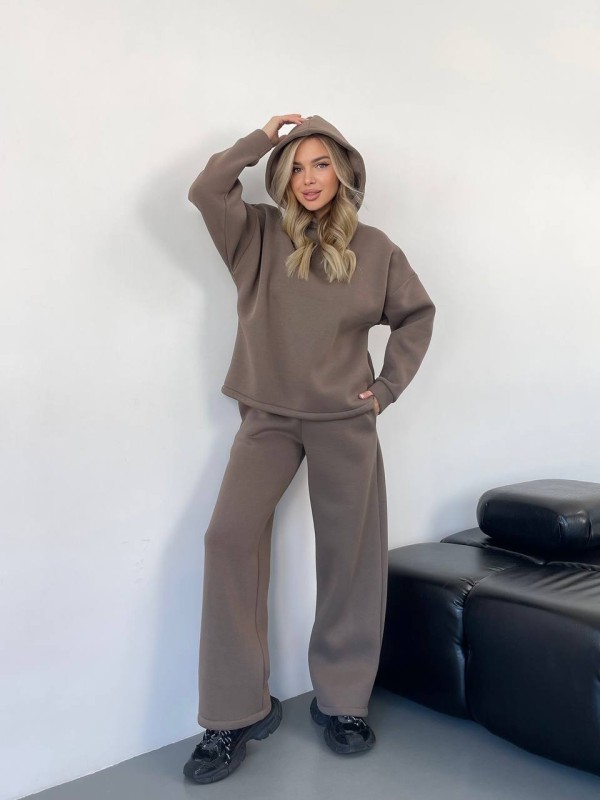 Теплий жiночий костюм з капюшоном кавового кольору 35812