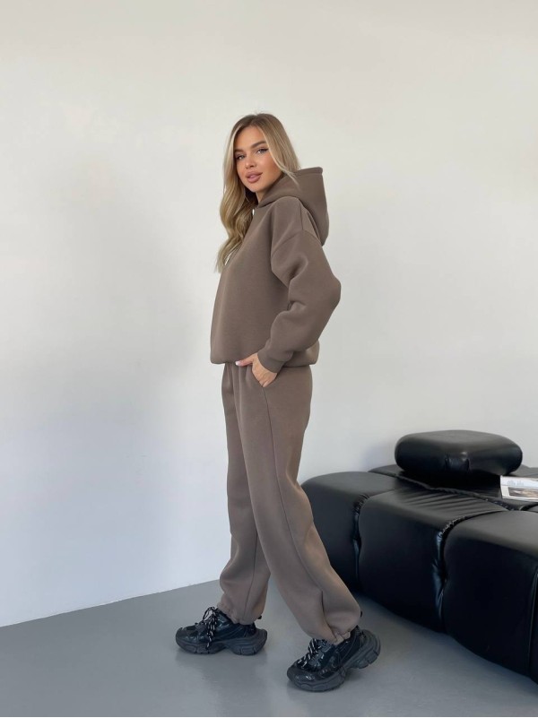 Теплий жiночий костюм з капюшоном кавового кольору 35812