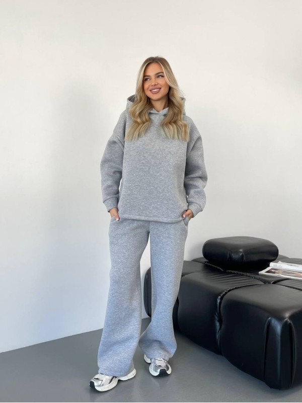 Теплий жiночий костюм з капюшоном сiрого кольору 35813