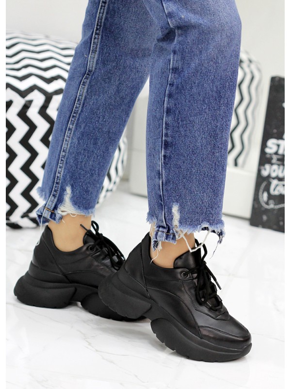 Жіночі кросівки з натуральної шкіри (цигейка) чорного кольору 35835