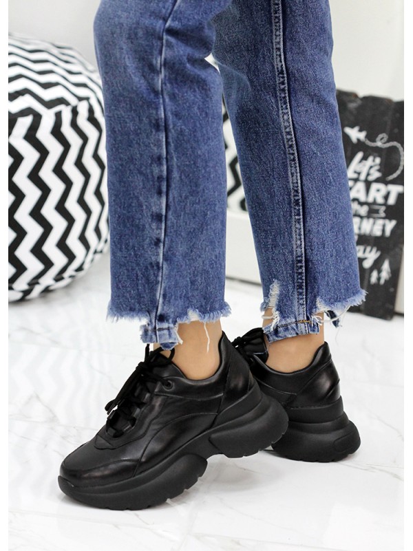 Жіночі кросівки з натуральної шкіри (цигейка) чорного кольору 35835