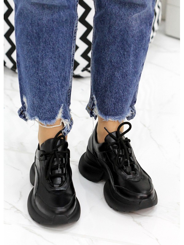 Жіночі кросівки з натуральної шкіри (цигейка) чорного кольору 35835