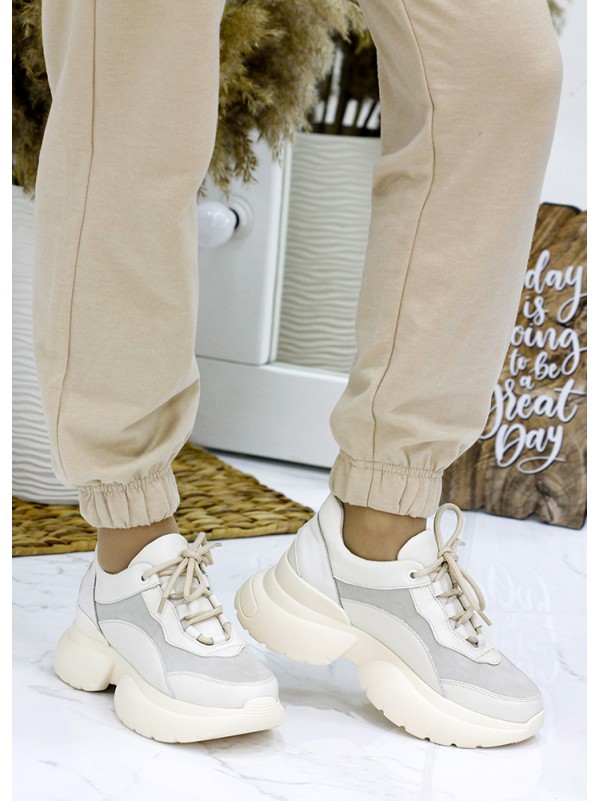 Жіночі кросівки з натуральної шкіри (байка) бежевого кольору 35836