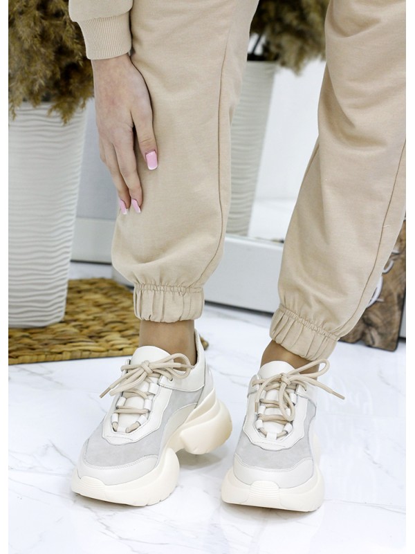 Жіночі кросівки з натуральної шкіри (хутро) бежевого кольору 35837