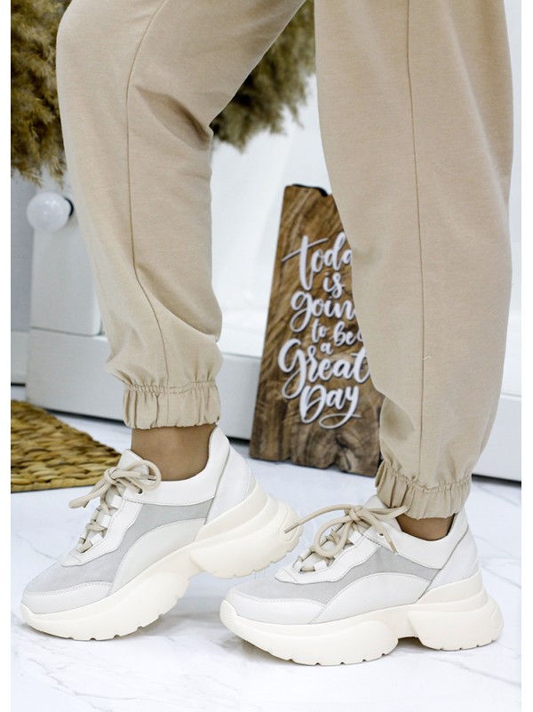 Жіночі кросівки з натуральної шкіри бежевого кольору 35838