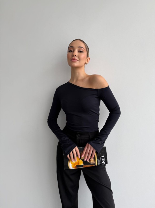 Жіночий легкий лонгслів на одне плече графiтового кольору 35847