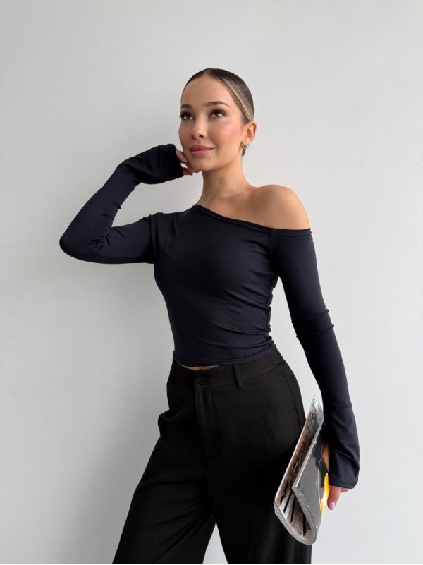 Жіночий легкий лонгслів на одне плече графiтового кольору 35847