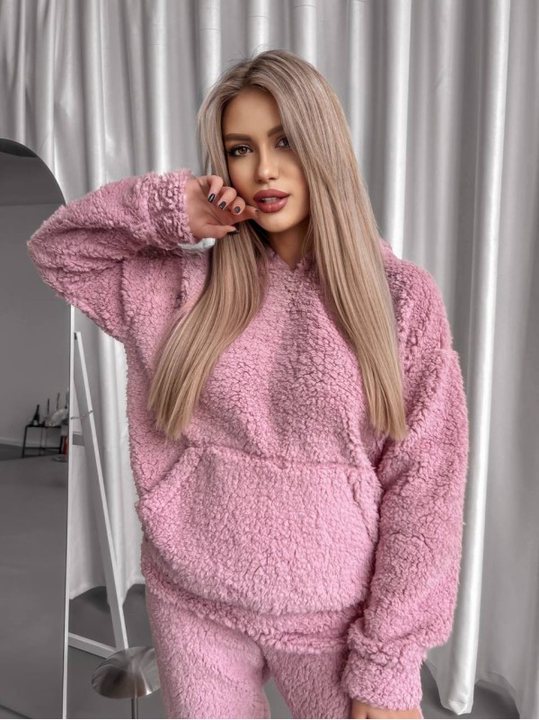 Жіночий теплий костюм з хутра Теддi рожевого кольору 35883