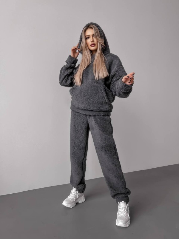 Жіночий теплий костюм з хутра Теддi графiтового кольору 35886