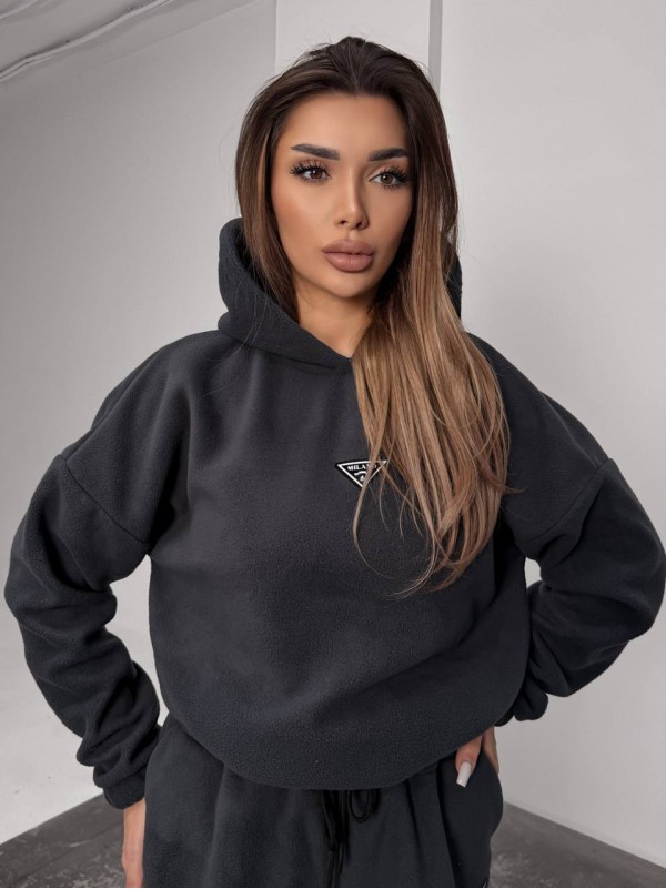 Жіночий костюм флісовий з капюшоном графiтового кольору 35897