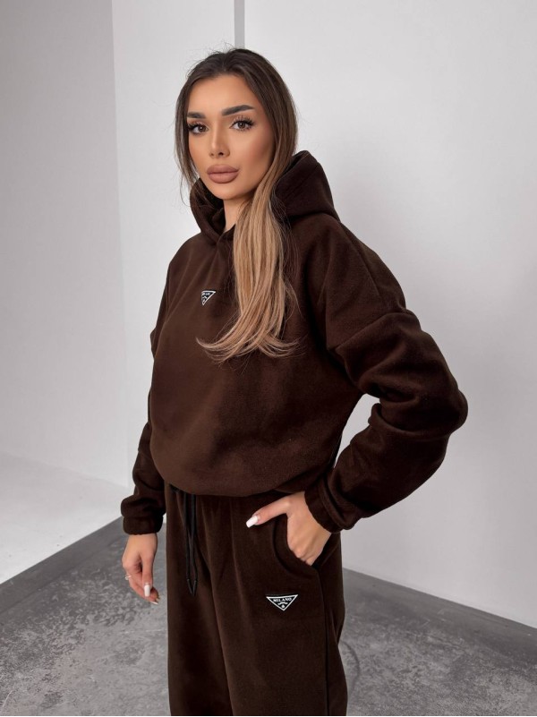 Жіночий костюм флісовий з капюшоном коричневого кольору 35898