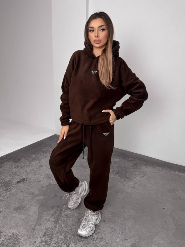 Жіночий костюм флісовий з капюшоном коричневого кольору 35898