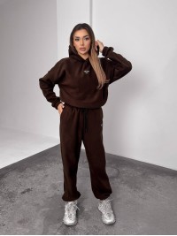 Жіночий костюм флісовий з капюшоном коричневого кольору 35898