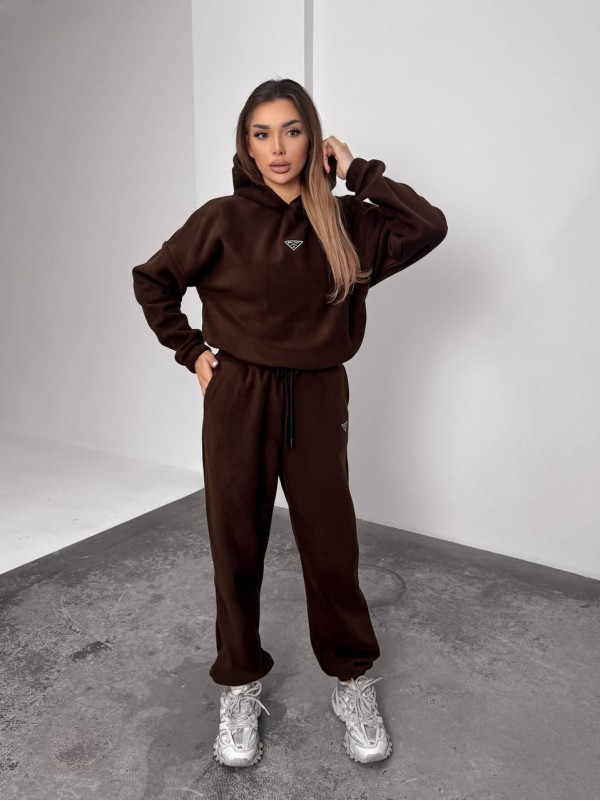 Жіночий костюм флісовий з капюшоном коричневого кольору 35898