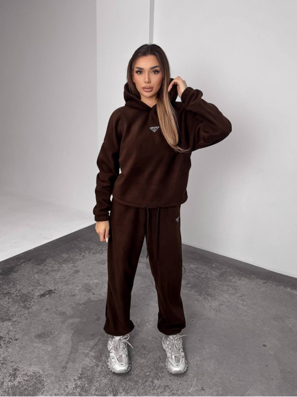 Жіночий костюм флісовий з капюшоном коричневого кольору 35898