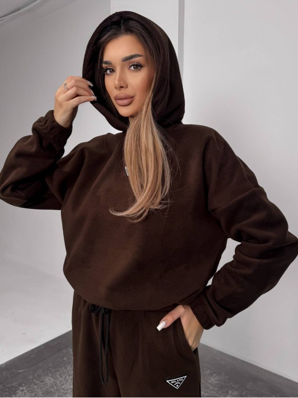 Жіночий костюм флісовий з капюшоном коричневого кольору 35898
