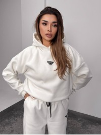 Жіночий костюм флісовий з капюшоном молочного кольору 35901