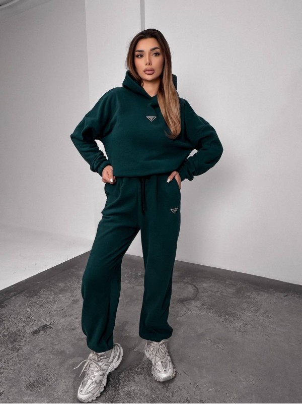 Жіночий костюм флісовий з капюшоном зеленого кольору 35902