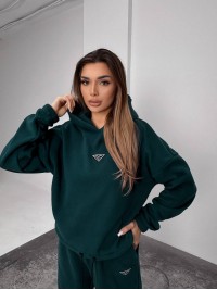 Жіночий костюм флісовий з капюшоном зеленого кольору 35902