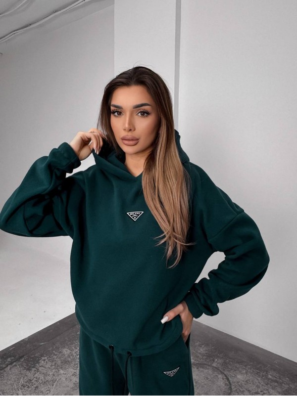 Жіночий костюм флісовий з капюшоном зеленого кольору 35902