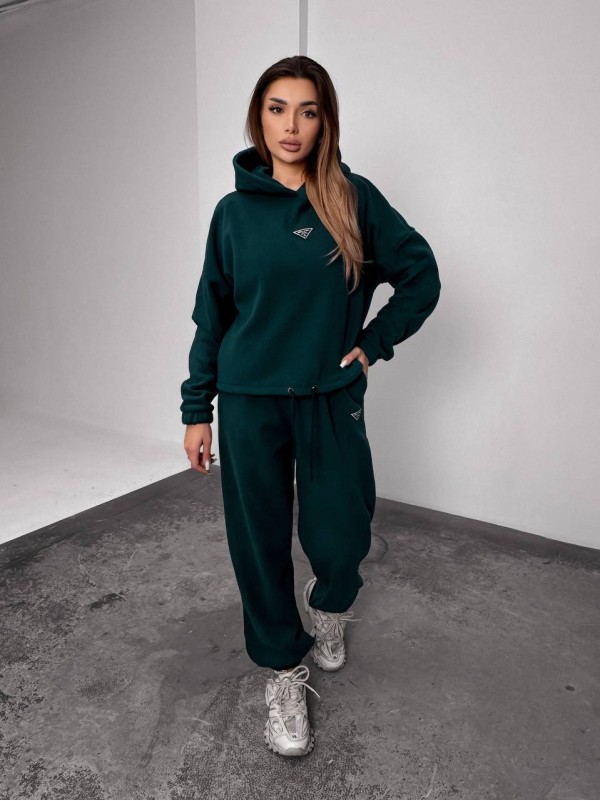 Жіночий костюм флісовий з капюшоном зеленого кольору 35902