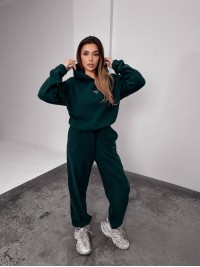 Жіночий костюм флісовий з капюшоном зеленого кольору 35902