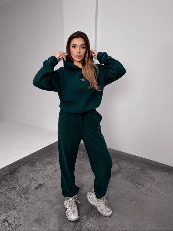 Жіночий костюм флісовий з капюшоном зеленого кольору 35902