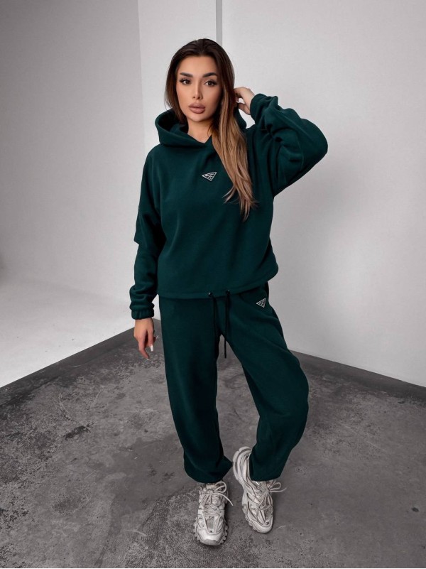 Жіночий костюм флісовий з капюшоном зеленого кольору 35902