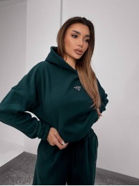 Жіночий костюм флісовий з капюшоном зеленого кольору 35902