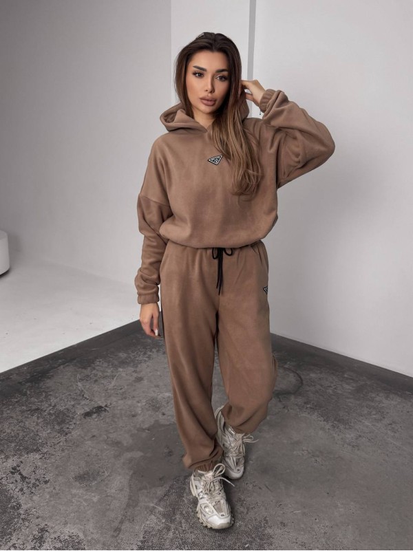 Жіночий костюм флісовий з капюшоном кавового кольору 35903
