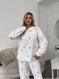 Жіночий теплий домашній костюм в сердце молочного кольору  35914