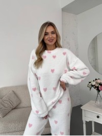 Жіночий теплий домашній костюм в сердце молочного кольору  35914