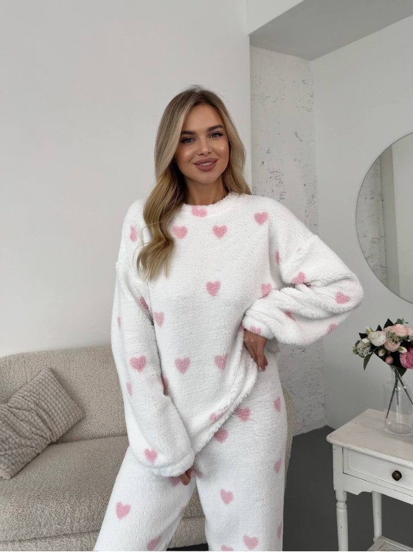 Жіночий теплий домашній костюм в сердце молочного кольору  35914