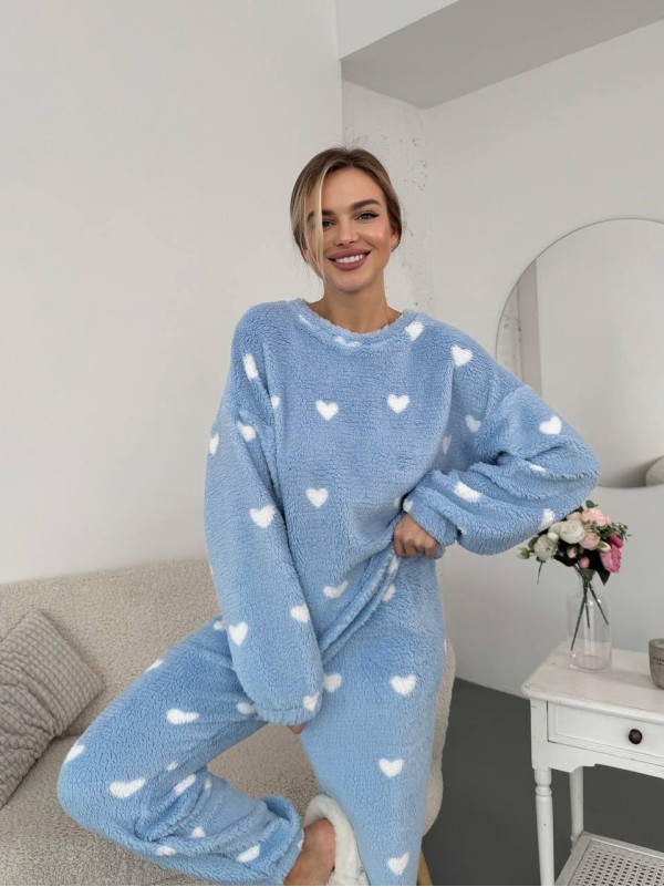 Жіночий теплий домашній костюм в сердце блакитного кольору  35916