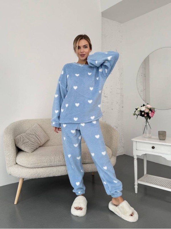 Жіночий теплий домашній костюм в сердце блакитного кольору  35916