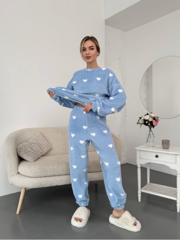 Жіночий теплий домашній костюм в сердце блакитного кольору  35916