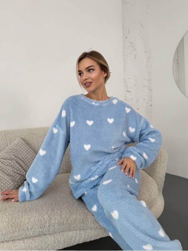 Жіночий теплий домашній костюм в сердце блакитного кольору  35916