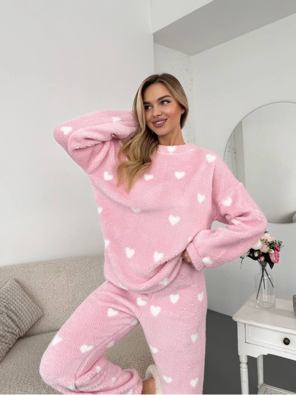 Жіночий теплий домашній костюм в сердце рожевого кольору  35917